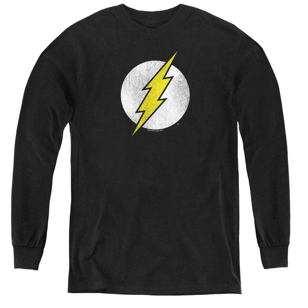 DC Comics Flash Flash Logo Distressed Long Sleeve Kids Youth T Shirt Black Officially Licensed