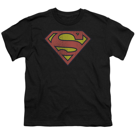DC Comics Retro Supes Logo Distressed Kids Youth T Shirt Black Officially Licensed