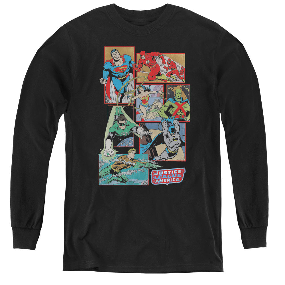 DC Comics Justice League Boxes Long Sleeve Kids Youth T Shirt Black Officially Licensed