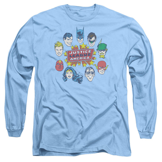 DC Comics Justice Head Circle Mens Long Sleeve Shirt Carolina Blue Officially Licensed