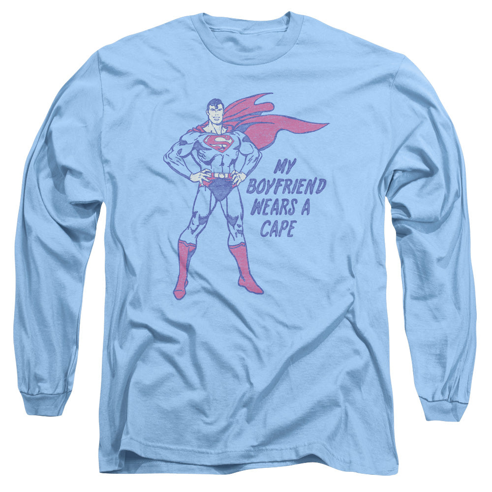 DC Comics Wears a Cape Mens Long Sleeve Shirt Carolina Blue Officially Licensed