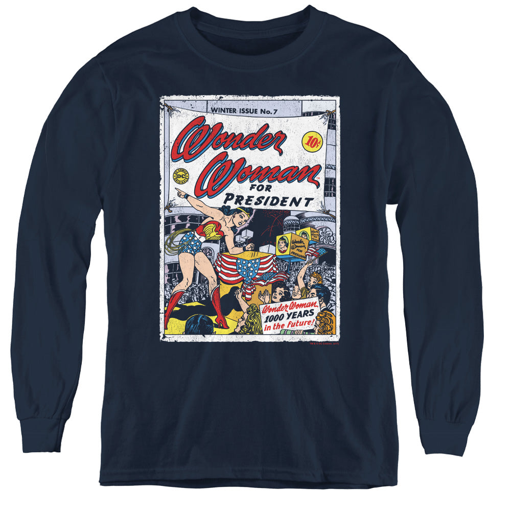 DC Comics Ww for President Long Sleeve Kids Youth T Shirt Navy Blue Officially Licensed