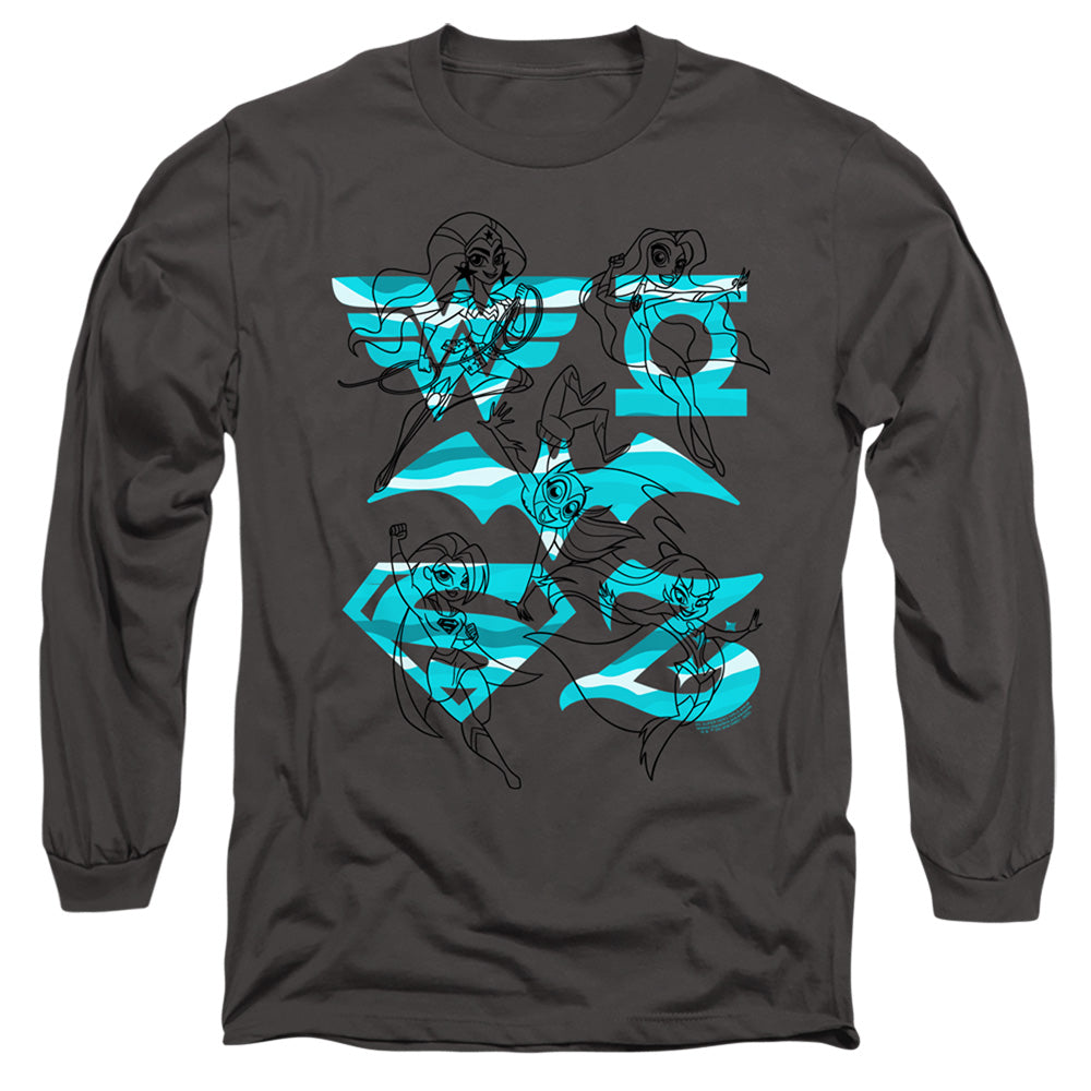 Dc Superhero Girls Line Art Group Mens Long Sleeve Shirt Charcoal Officially Licensed Officially Licensed
