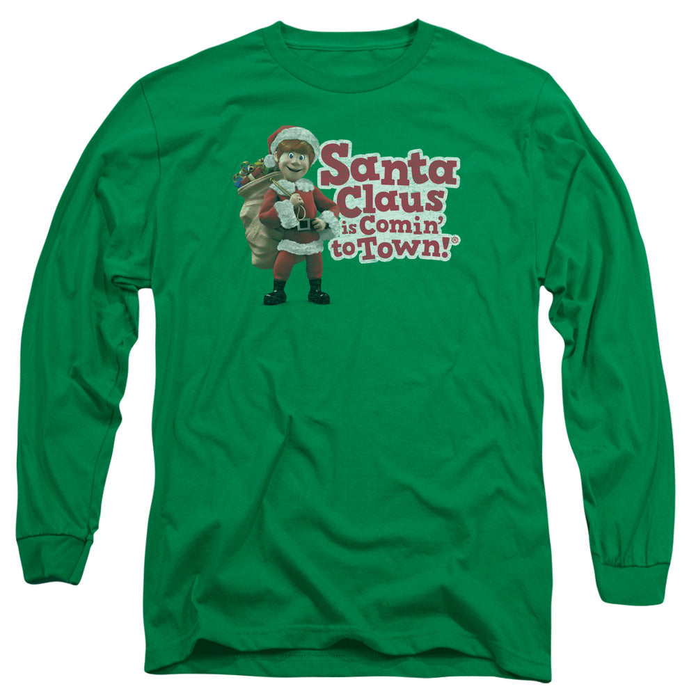 Santa Claus Is Comin To Town Santa Logo Mens Long Sleeve Shirt Kelly Green Officially Licensed Officially Licensed