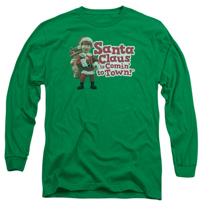 Santa Claus Is Comin To Town Santa Logo Mens Long Sleeve Shirt Kelly Green Officially Licensed Officially Licensed