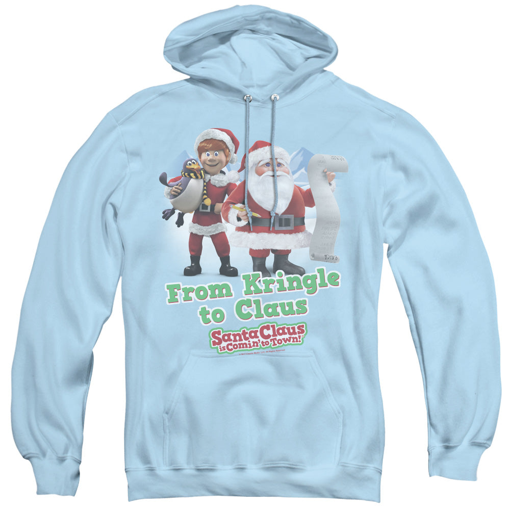 Santa Claus Is Comin To Town Kringle To Claus Mens Hoodie Light Blue Officially Licensed