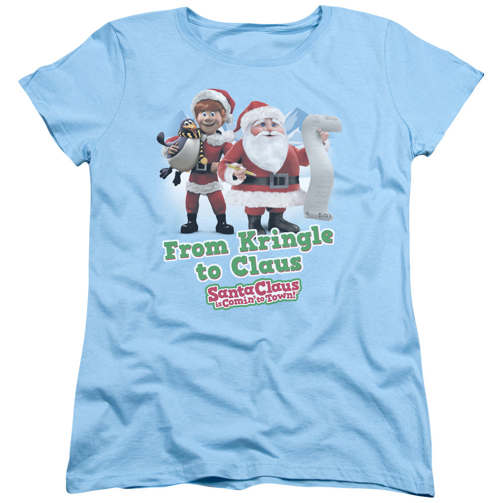 Santa Claus is Comin to Town Kringle to Claus Womens T Shirt Light Blue Officially Licensed