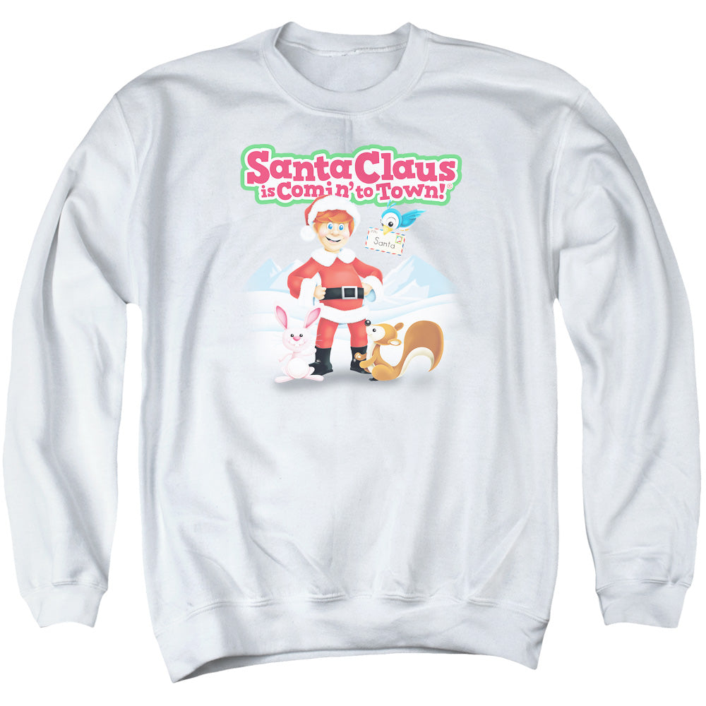 Santa Claus is Comin to Town Animal Friends Mens Crewneck Sweatshirt White Officially Licensed