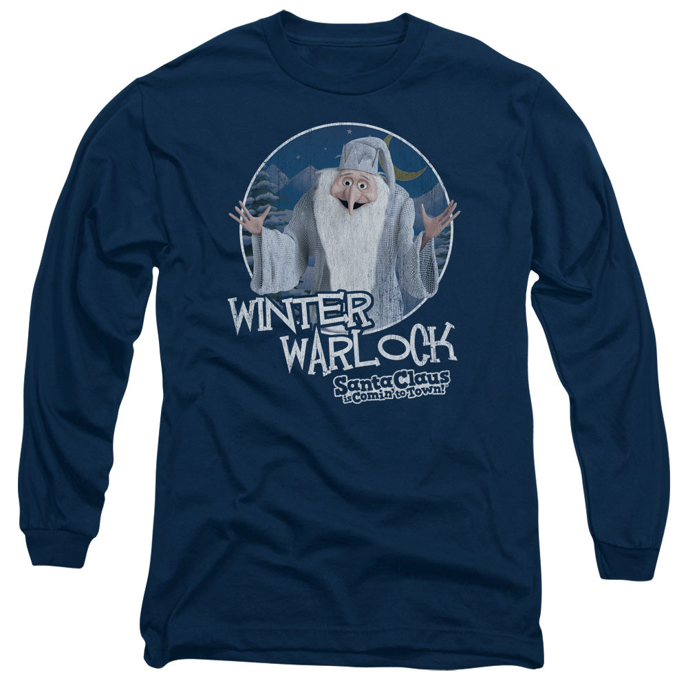Santa Claus is Comin to Town Winter Warlock Mens Long Sleeve Shirt Navy Blue Officially Licensed