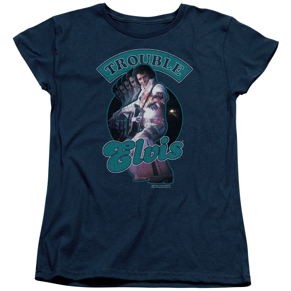 Elvis Presley Total Trouble Womens T Shirt Navy Blue Officially Licensed