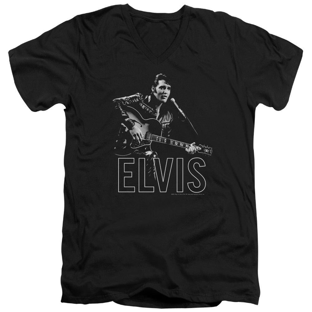 Elvis Presley Guitar in Hand Mens Slim Fit V-Neck T Shirt Black Officially Licensed