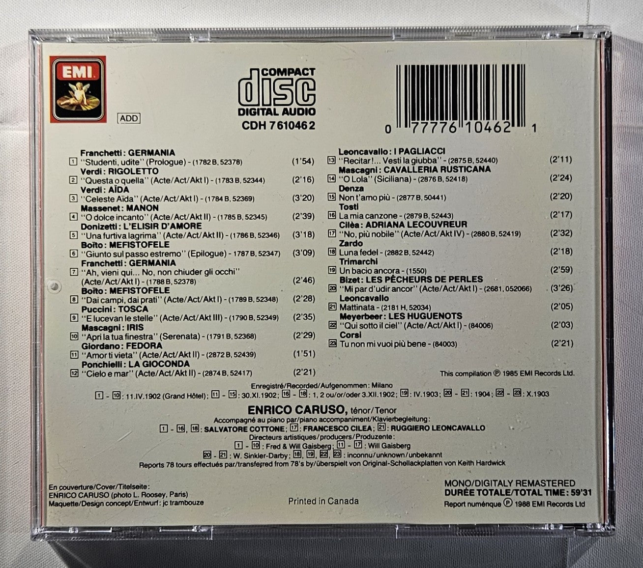 Enrico Caruso - Opera Arias and Songs [1988 Mono Remastered] [Used CD]