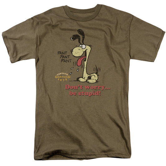 Garfield Dont Worry Be Stupid Mens T Shirt Safari Green Officially Licensed