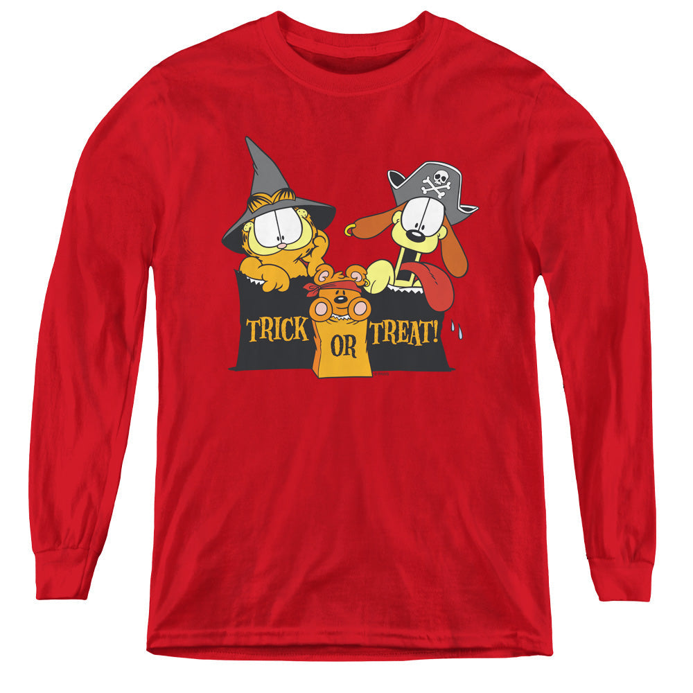 Garfield Trick or Treat Long Sleeve Kids Youth T Shirt Red