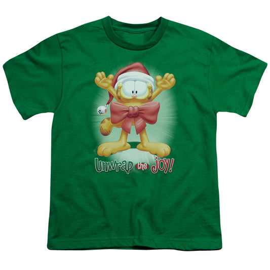 Garfield Unwrap the Joy! Kids Youth T Shirt Kelly Green