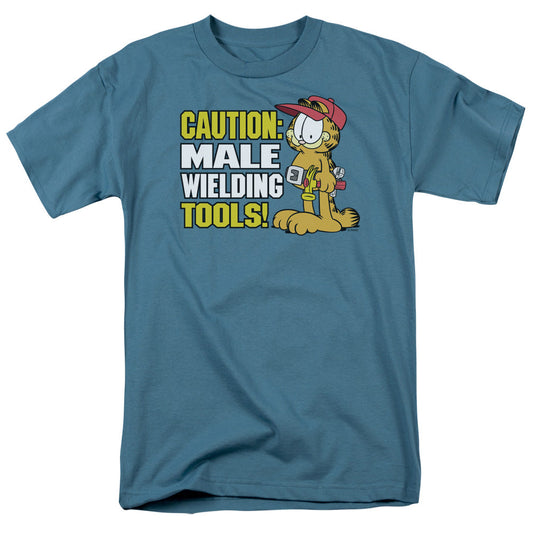 Garfield Caution Male Wielding Tools Mens T Shirt Slate Officially Licensed