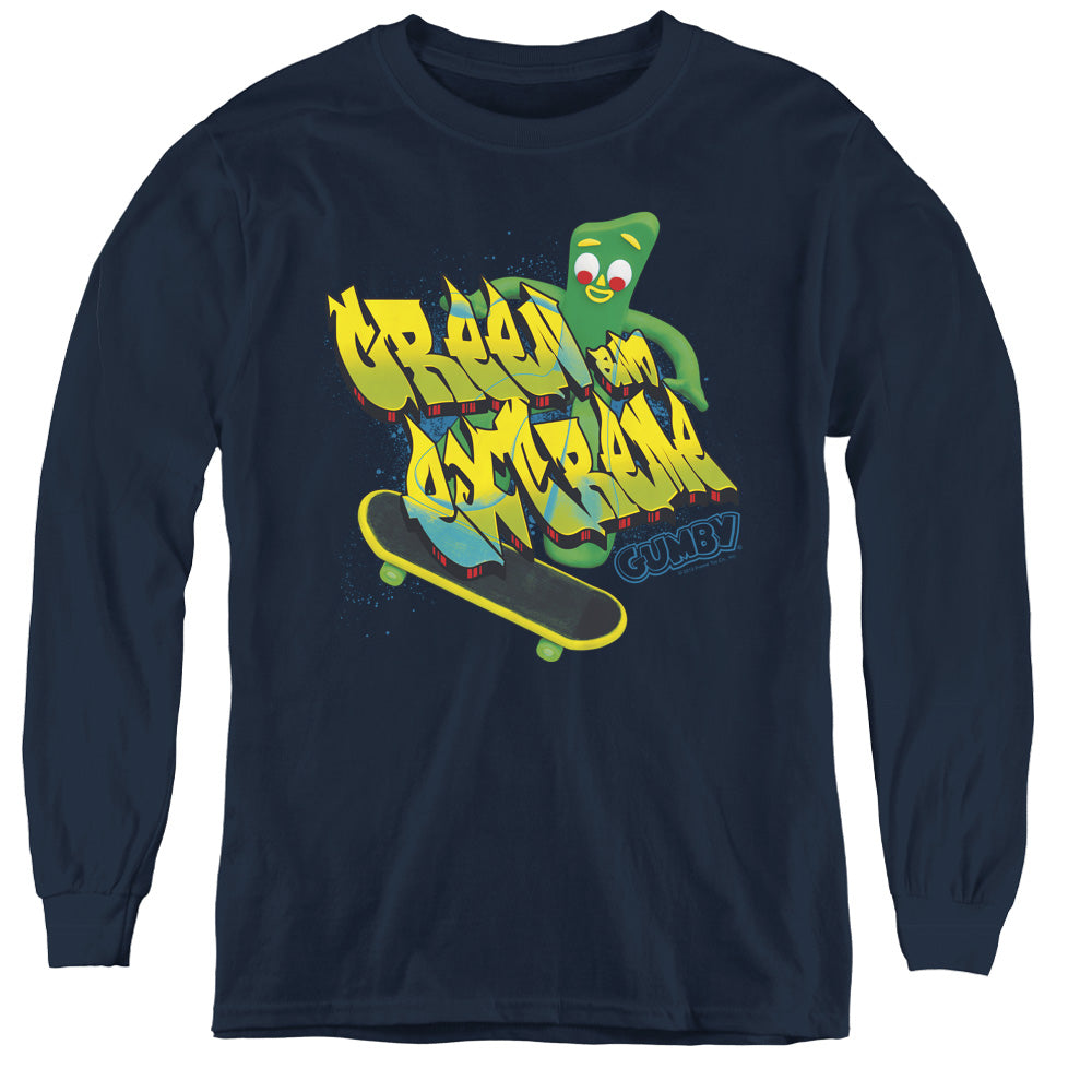 Gumby Green and Extreme Long Sleeve Kids Youth T Shirt Navy