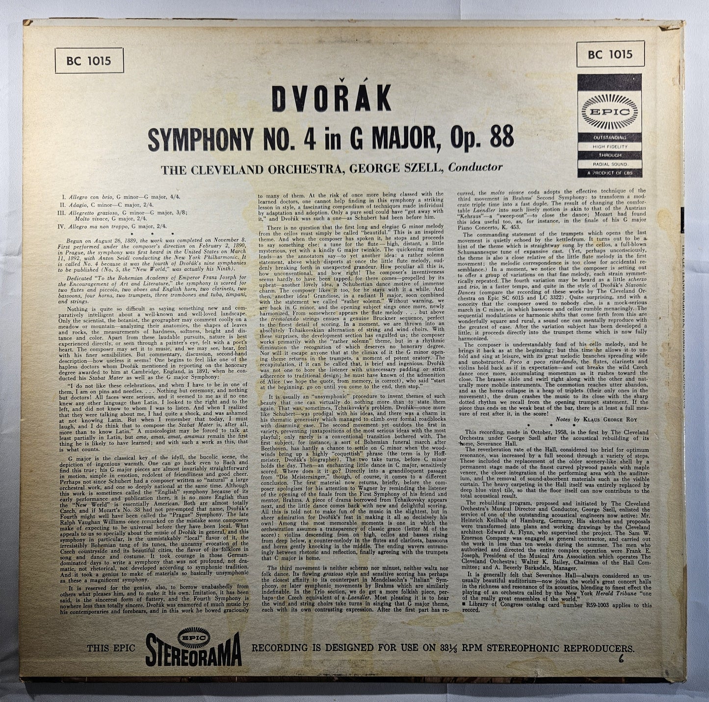 Goerge Szell - Dvorak: Symphony No. 4 in G Major, Op.88 [Used Vinyl Record LP]