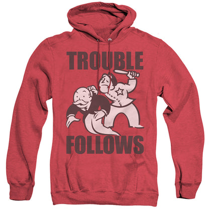 Monopoly Trouble Follows Evergreen Mens Heather Hoodie Red Officially Licensed