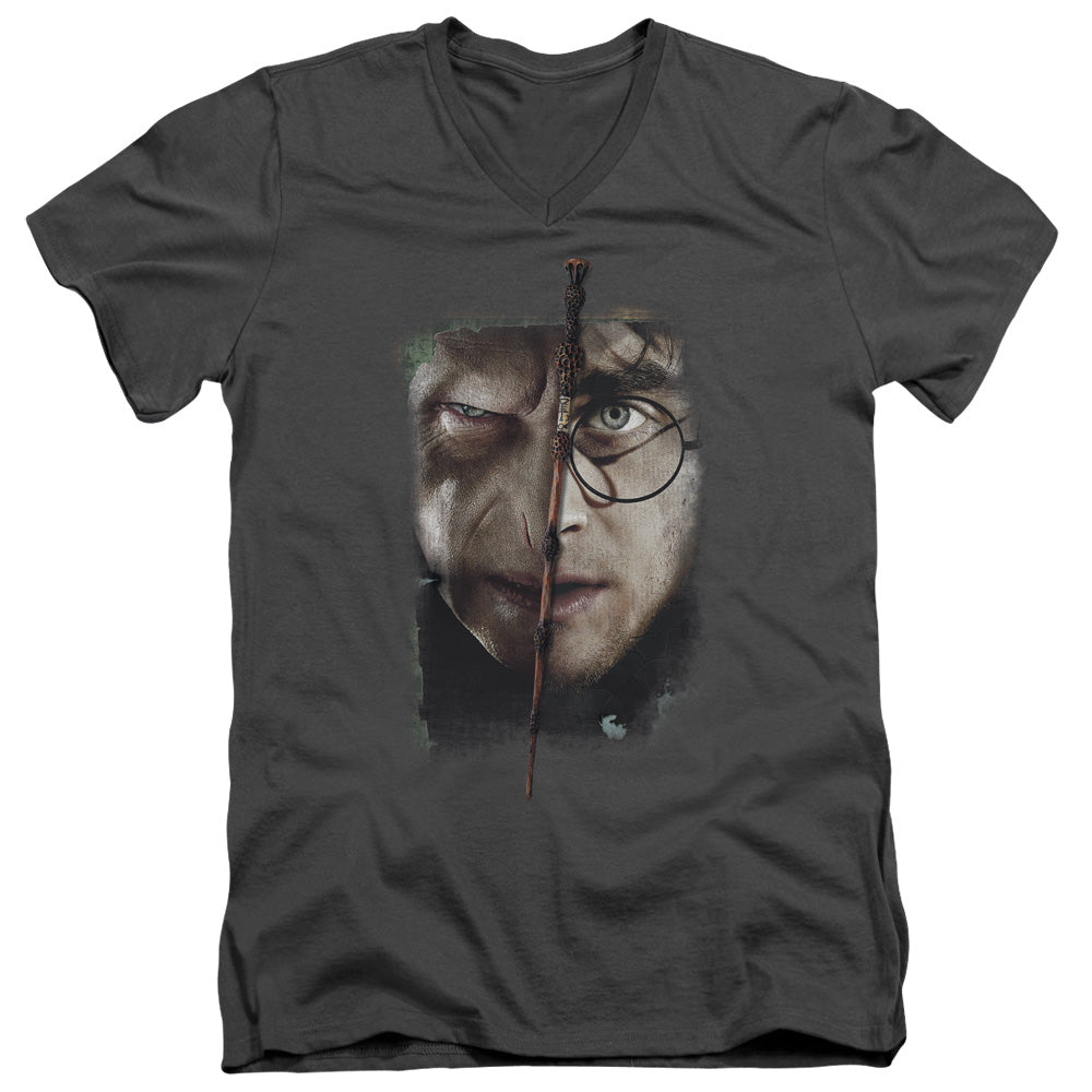 Harry Potter It All Ends Here Mens Slim Fit V-Neck T Shirt Charcoal Officially Licensed
