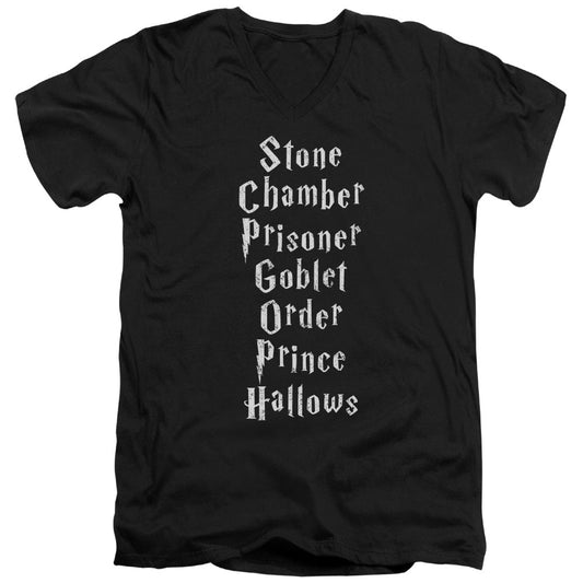 Harry Potter Titles Mens Slim Fit V-Neck T Shirt Black Officially Licensed
