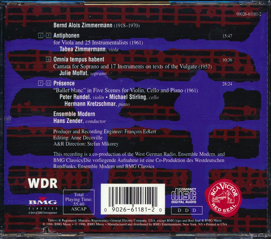 Hans Zender - Zimmermann: Antiphonen, Omnia Tempus Habent, Omnia Tempus Habent, Présence [1996 New CD]