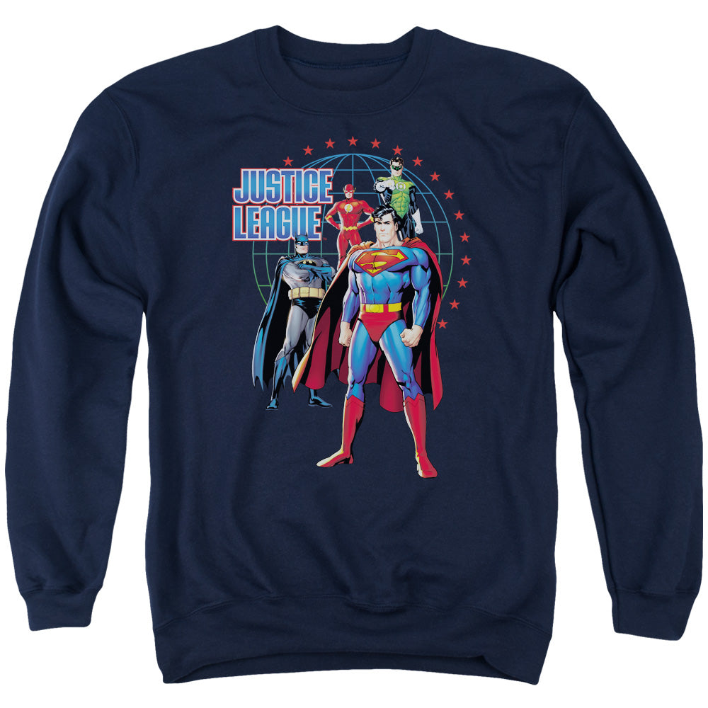 Justice League Protectors Mens Crewneck Sweatshirt Navy Blue Blue Officially Licensed