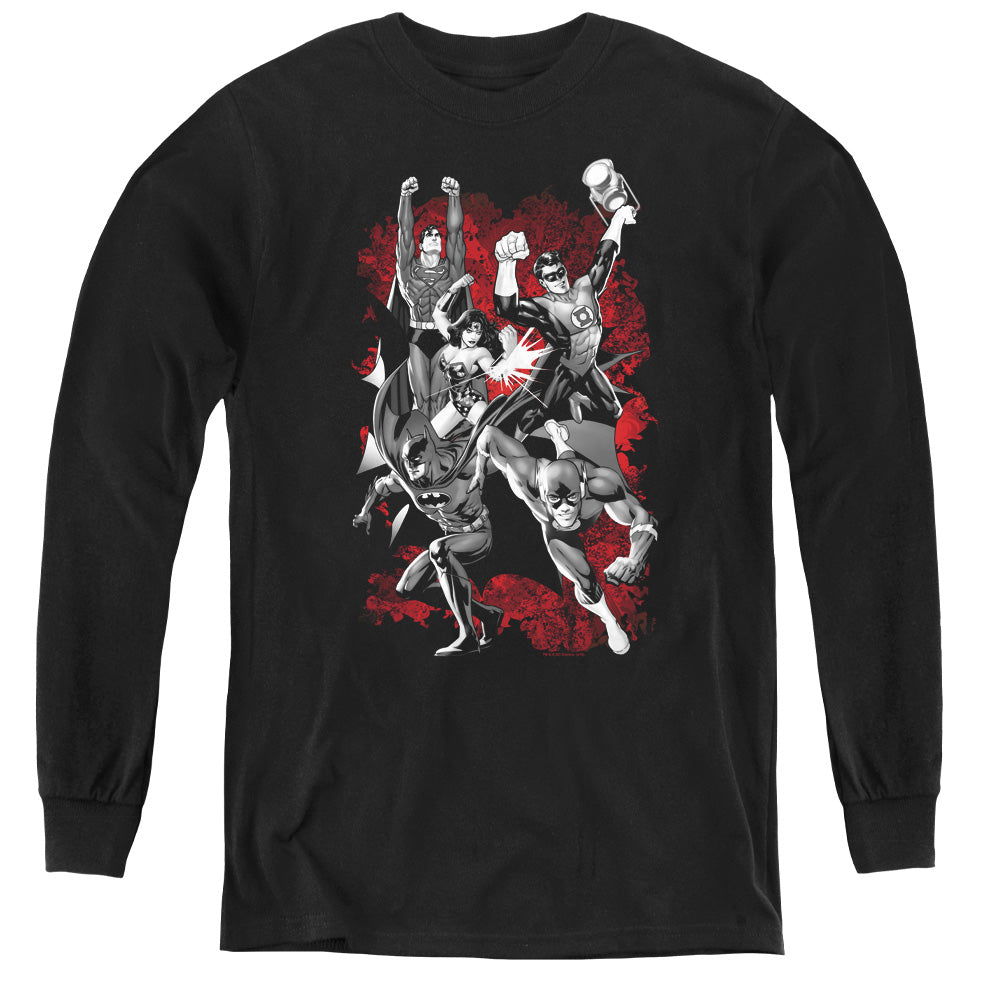 Justice League Justice League Explosion Long Sleeve Kids Youth T Shirt Black Officially Licensed