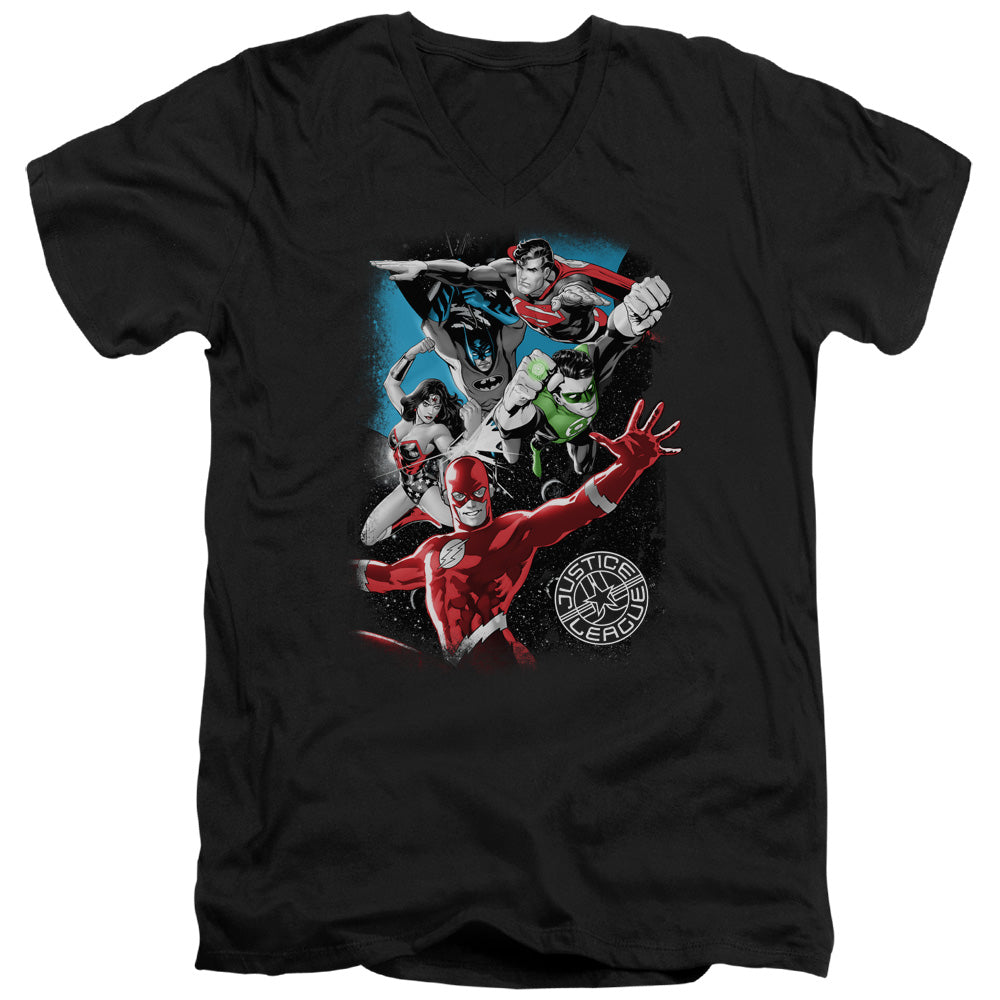 Justice League Galactic Attack Mens Slim Fit V-Neck T Shirt Black Officially Licensed