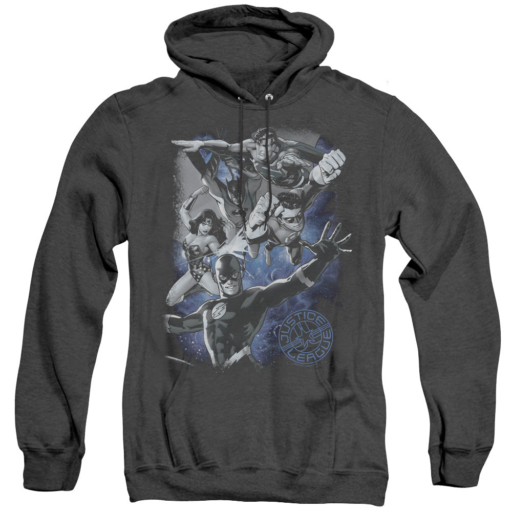 Justice League Galactic Attack Nebula Heather Mens Hoodie Black Officially Licensed