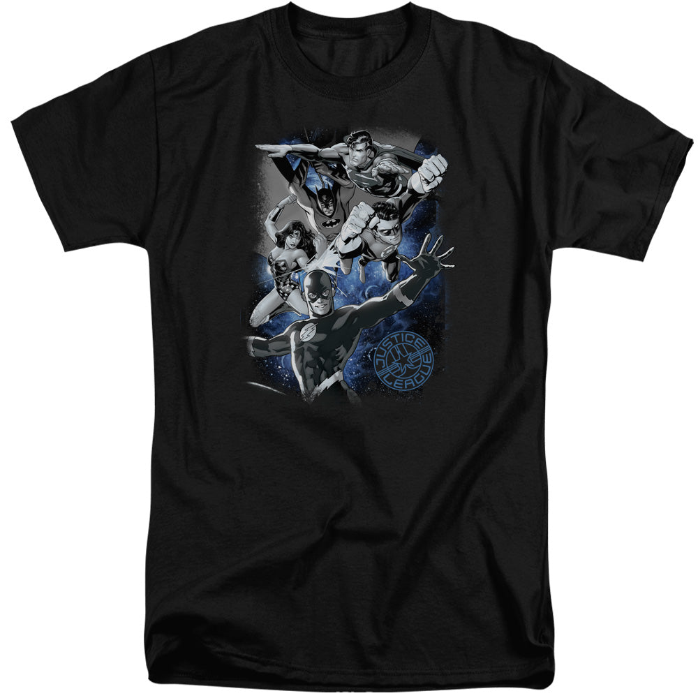Justice League Galactic Attack Nebula Mens Tall T Shirt Black Officially Licensed