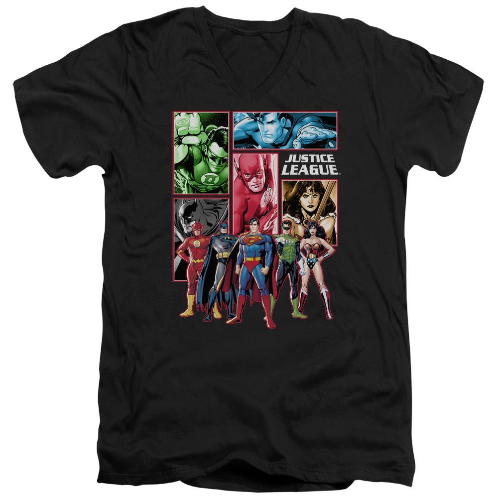 Justice League Justice League Panels Mens Slim Fit V-Neck T Shirt Black Officially Licensed