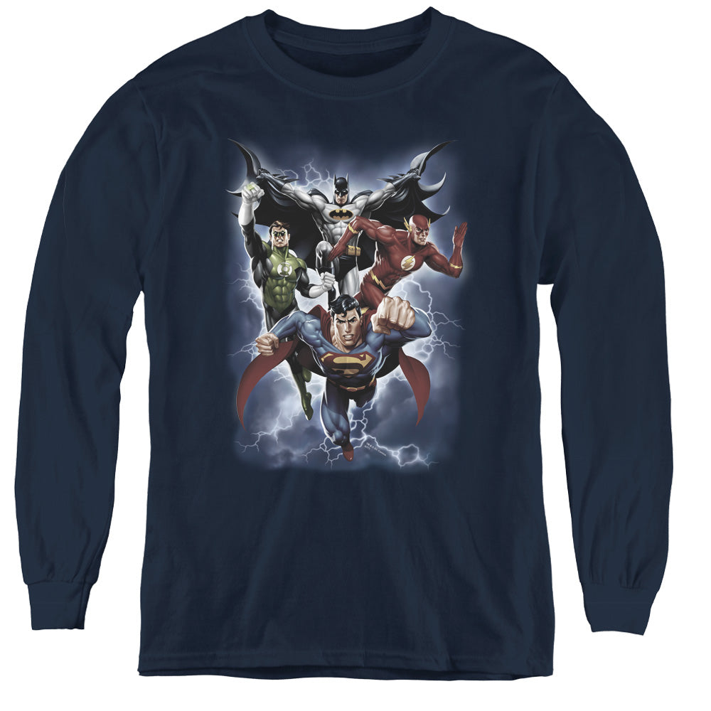 Justice League the Coming Storm Long Sleeve Kids Youth T Shirt Navy Blue Blue Officially Licensed