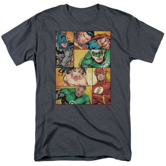 Justice League Hero Boxes Mens T Shirt Charcoal Officially Licensed