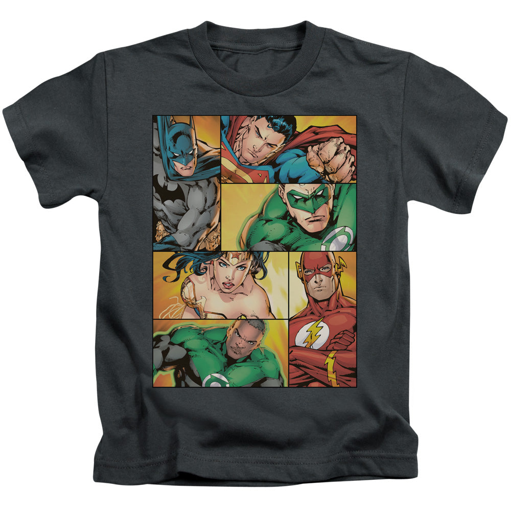 Justice League Hero Boxes Juvenile Kids Youth T Shirt Charcoal Officially Licensed