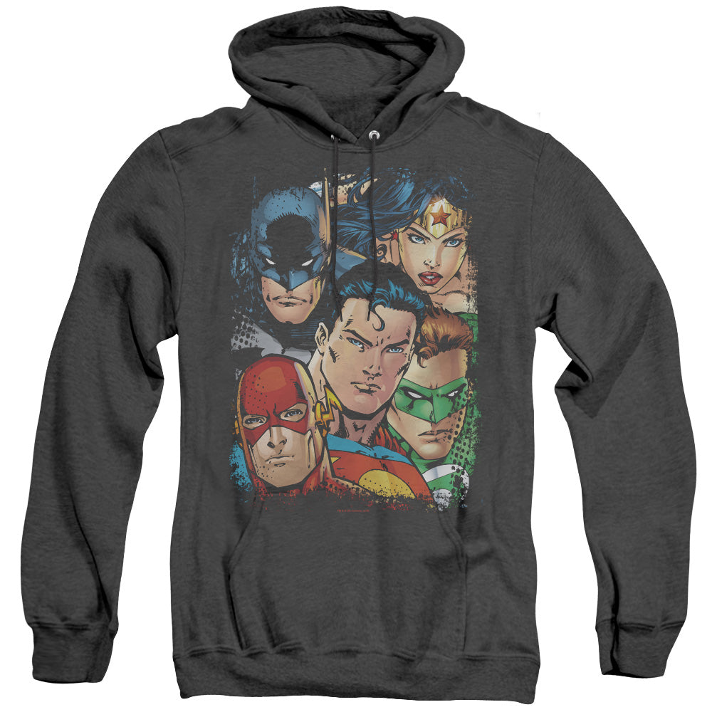 Justice League Up Close and Personal Heather Mens Hoodie Black Officially Licensed