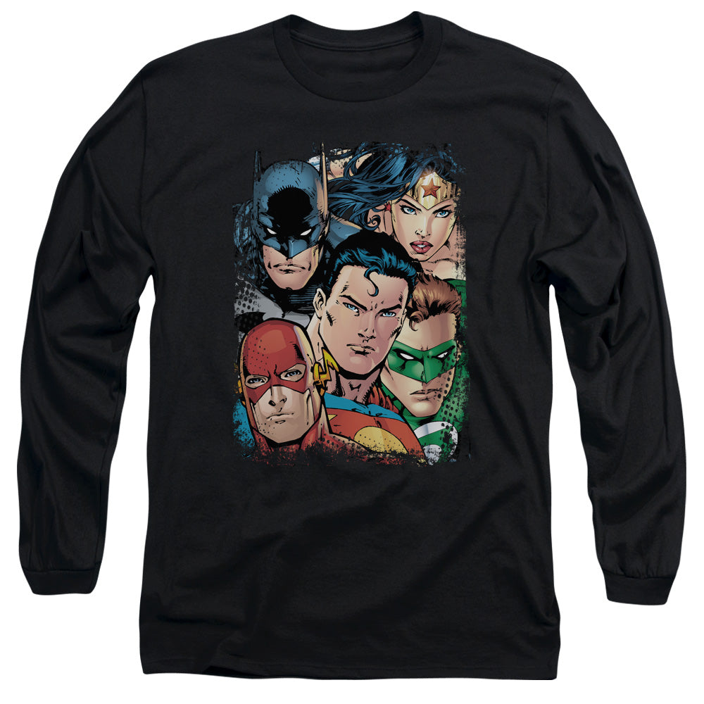 Justice League Up Close and Personal Mens Long Sleeve Shirt Black Officially Licensed