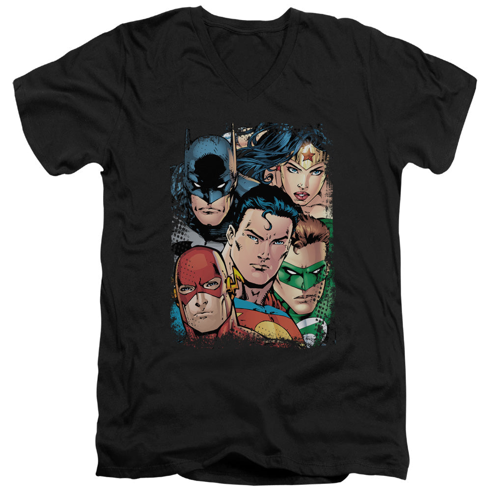 Justice League Up Close and Personal Mens Slim Fit V-Neck T Shirt Black Officially Licensed