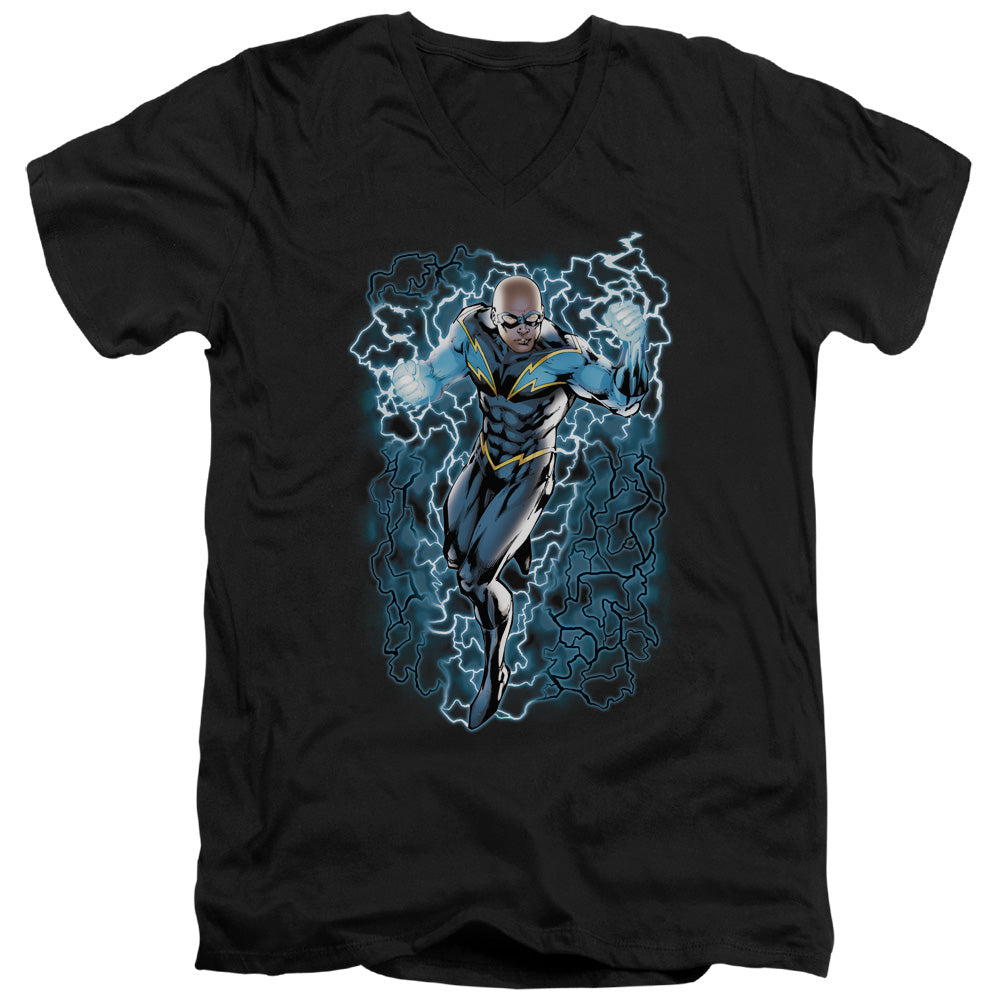 Justice League Black Lightning Bolts Mens Slim Fit V-Neck T Shirt Black Officially Licensed