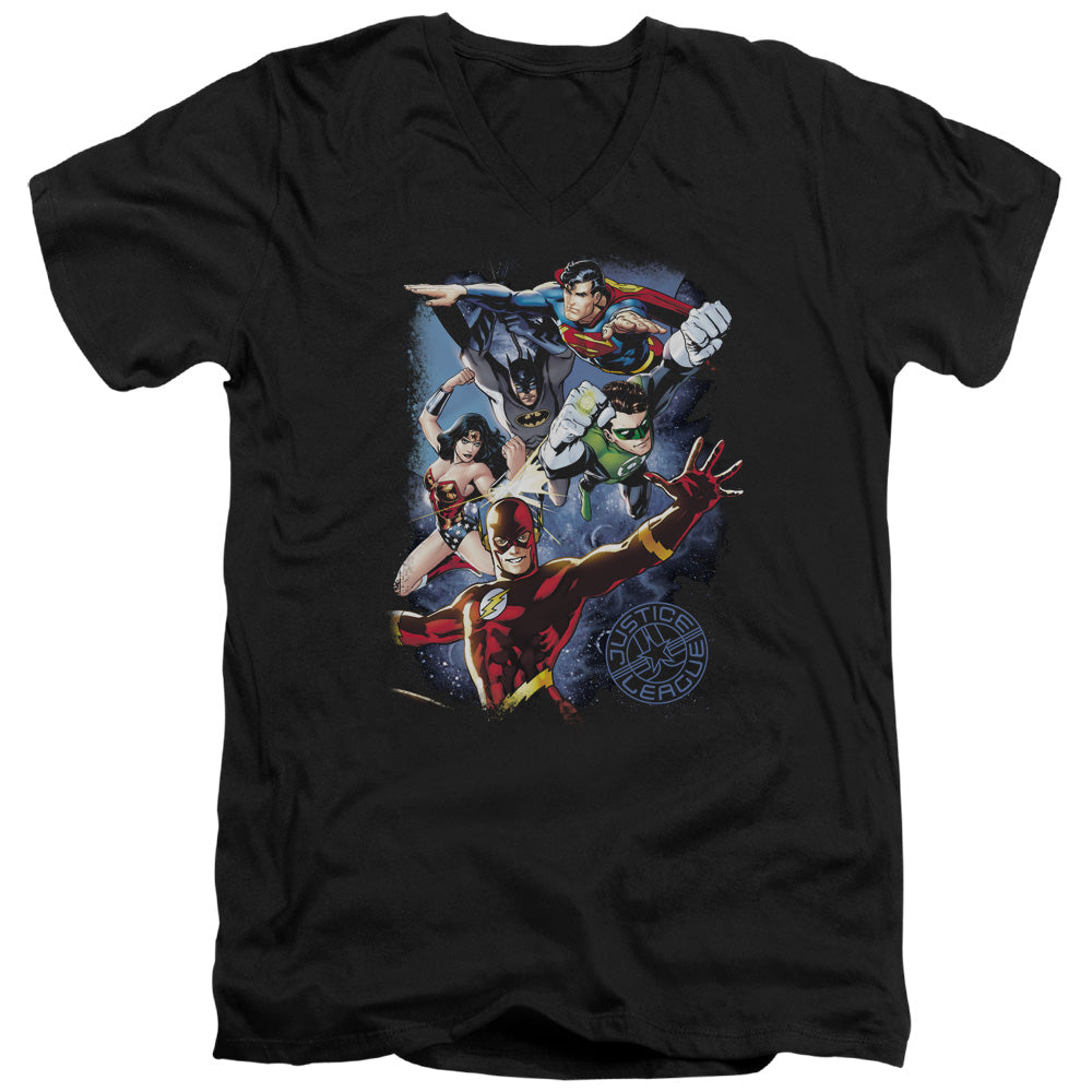 Justice League Galactic Attack Color Mens Slim Fit V-Neck T Shirt Black Officially Licensed