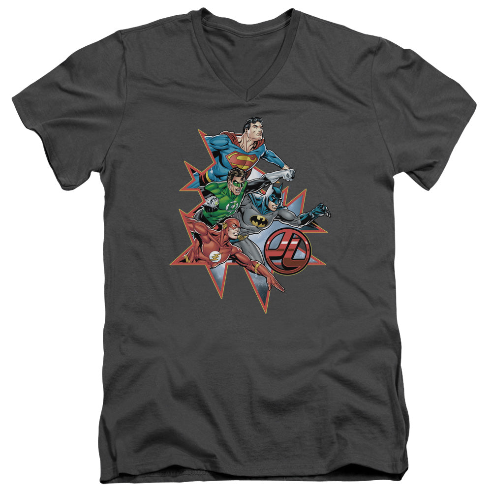 Justice League Starburst Mens Slim Fit V-Neck T Shirt Charcoal Officially Licensed