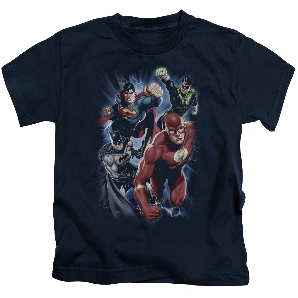 Justice League Storm Chasers Juvenile Kids Youth T Shirt Navy Blue Blue Officially Licensed