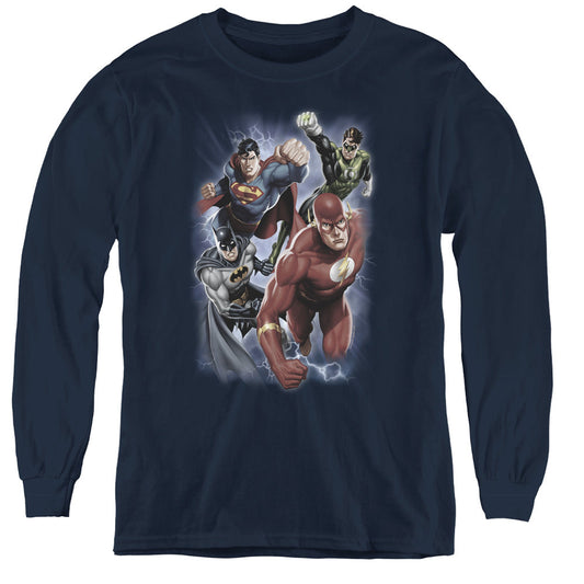 Justice League Storm Chasers Long Sleeve Kids Youth T Shirt Navy Blue Blue Officially Licensed