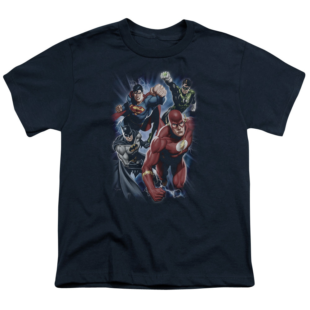 Justice League Storm Chasers Kids Youth T Shirt Navy Blue Blue Officially Licensed