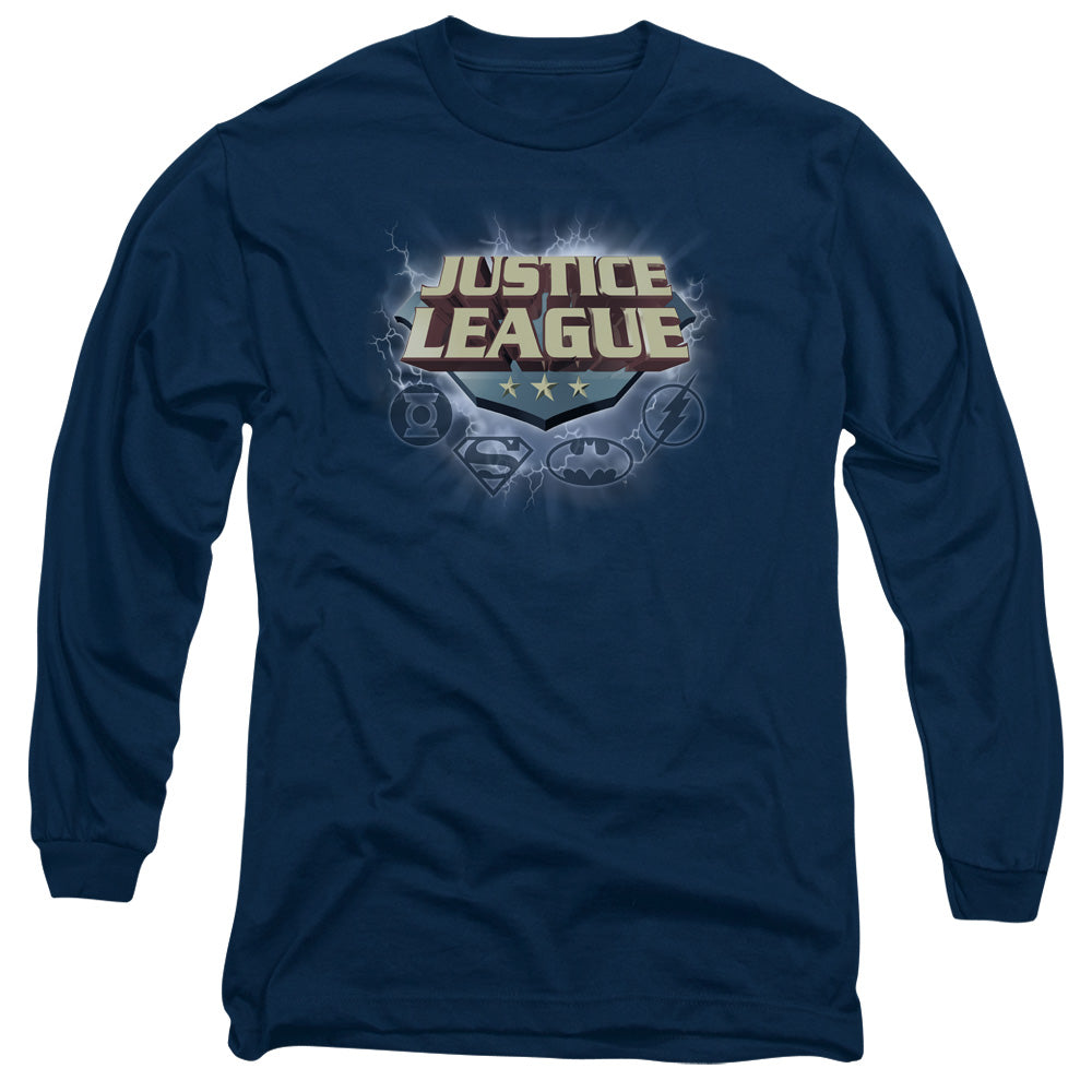 Justice League Storm Logo Mens Long Sleeve Shirt Navy Blue Blue Officially Licensed