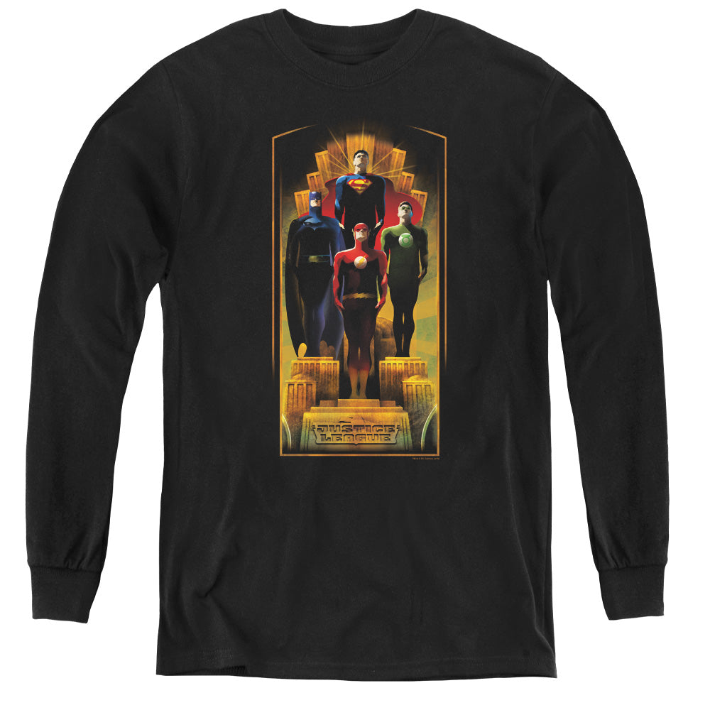 Justice League Deco Long Sleeve Kids Youth T Shirt Black Officially Licensed