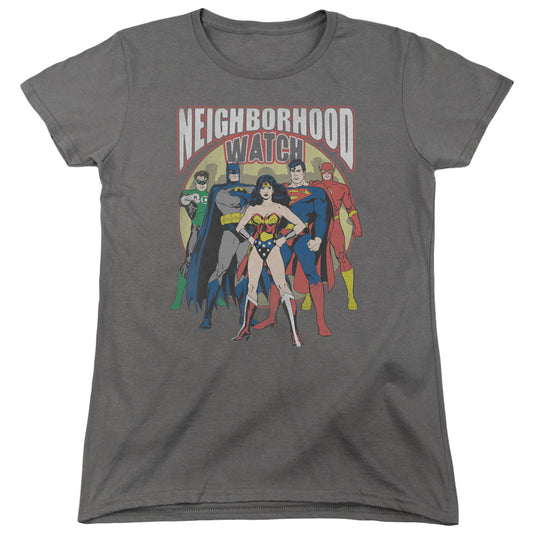 Justice League Neighborhood Watch Womens T Shirt Charcoal Officially Licensed