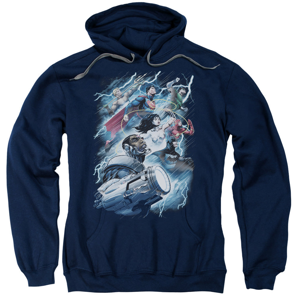 Justice League Ride the Lightening Mens Hoodie Navy Blue Blue Officially Licensed