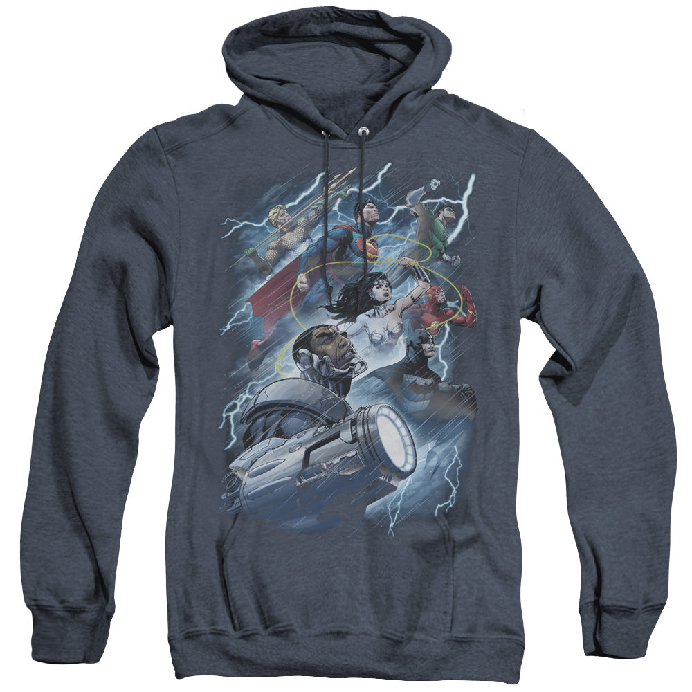 Justice League Ride the Lightening Heather Mens Hoodie Navy Blue Blue Officially Licensed