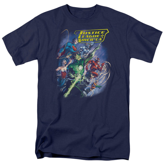 Justice League Onward Mens T Shirt Navy Blue Officially Licensed